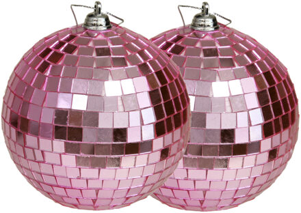 Othmar decorations Grote discobal kerstballen - 2x stuks - roze - 10 cm - kunststof