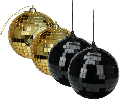 Othmar decorations Grote discobal kerstballen - 4x st - goud en zwart - 10 cm - kunststof