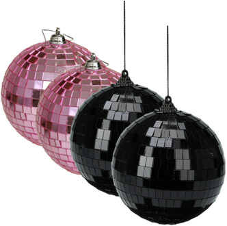 Othmar decorations Grote discobal kerstballen - 4x st - roze en zwart - 10 cm - kunststof