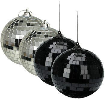 Othmar decorations Grote discobal kerstballen - 4x st - zilver en zwart - 10 cm - kunststof