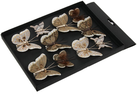 Othmar decorations Kerst vlinders op clip - 10x st - creme/bruin - 5-8 cm - kunststof - kerstboomversiering