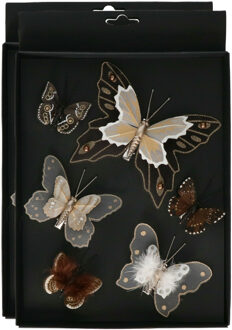 Othmar decorations Kerst vlinders op clip - 12x st - bruin tinten - 5-8 cm - kunststof - kerstboomversiering