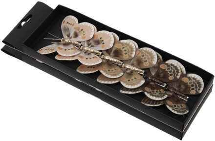 Othmar decorations Kerst vlinders op clip - 12x st - bruin tinten - 8 cm - kunststof - kerstboomversiering