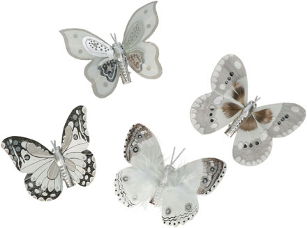 Othmar decorations Kerst vlinders op clip - 16x st - grijs/zilver - 8 cm - kunststof - kerstboomversiering