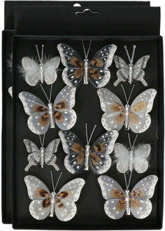 Othmar decorations Kerst vlinders op clip - 20x st - grijs/zilver - 5-8 cm - kunststof - kerstboomversiering