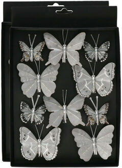 Othmar decorations Kerst vlinders op clip - 20x st - grijs/zilver - 5-8 cm - kunststof - kerstboomversiering