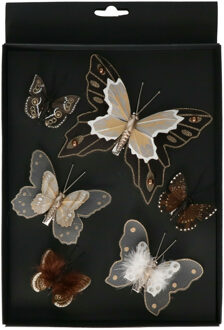 Othmar decorations Kerst vlinders op clip - 6x st - bruin tinten - 5-8 cm - kunststof - kerstboomversiering