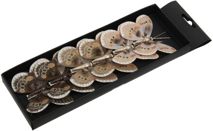 Othmar decorations Kerst vlinders op clip - 6x st - bruin tinten - 8 cm - kunststof - kerstboomversiering