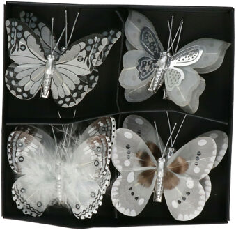 Othmar decorations Kerst vlinders op clip - 8x st - grijs/zilver - 8 cm - kunststof - kerstboomversiering