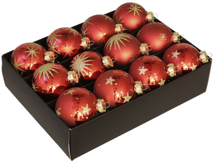 Othmar decorations Kerstballen - 12 ST - luxe - rood met goud - Kerstbal