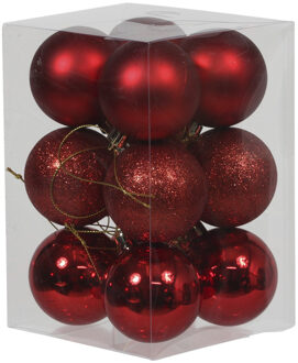 Othmar decorations Kerstballen - 12x st - rood - D6 cm - kunststof - glans/glitter/mat - kerstversiering
