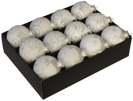 Othmar decorations Kerstballen 12x - wit met zilver - 7,5 cm - glas - luxe gedecoreerde kerstballen