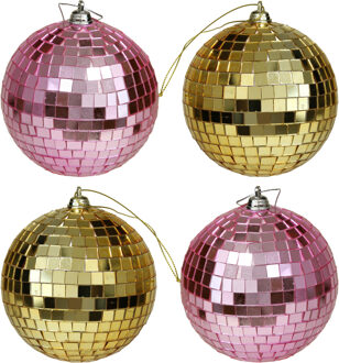 Othmar decorations Kerstballen disco - 4x st - goud en roze - 10 cm - kunststof - Kerstbal Goudkleurig