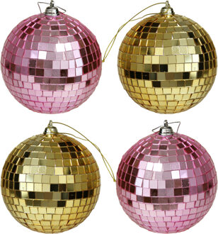 Othmar decorations Kerstballen disco - 4x st - goud en roze - 10 cm - kunststof - spiegel kerstballen