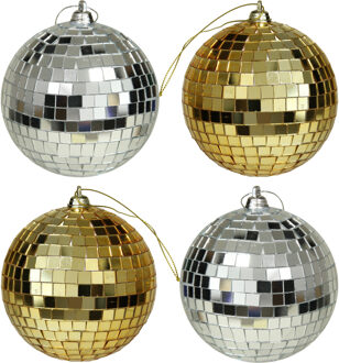 Othmar decorations Kerstballen disco - 4x st - goud en zilver - 10 cm - kunststof - Kerstbal Zilverkleurig