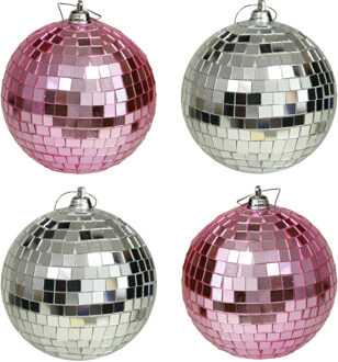 Othmar decorations Kerstballen disco - 4x st - roze en zilver - 10 cm - kunststof - spiegel kerstballen