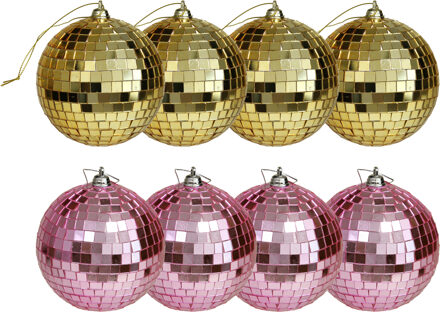 Othmar decorations Kerstballen disco - 8x st - goud en roze - 8 cm - kunststof - Kerstbal Goudkleurig