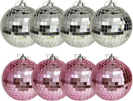 Othmar decorations Kerstballen disco - 8x st - roze en zilver - 8 cm - kunststof - Kerstbal