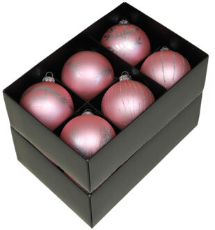 Othmar decorations kerstballen - gedecoreerd - 12x - 8 cm - roze - Kerstbal