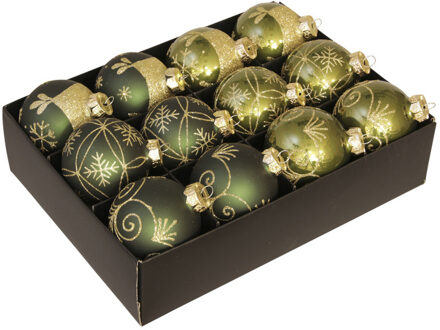 Othmar decorations Kerstballen - gedecoreerd -12x st - donkergroen - D7,5 cm - glas - luxe