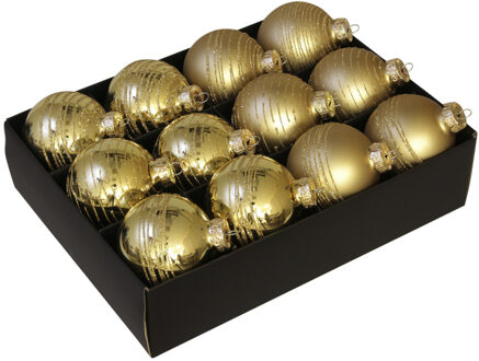 Othmar decorations Kerstballen - gedecoreerd -12x st - goud - D7,5 cm - glas - luxe Goudkleurig