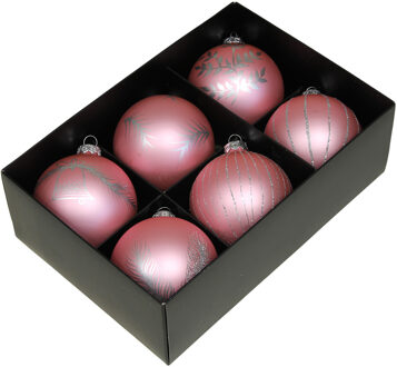 Othmar decorations kerstballen - gedecoreerd - 6x - 8 cm - roze - Kerstbal