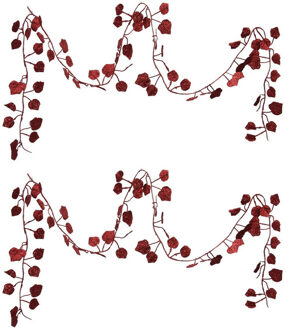 Othmar decorations Kerstboom slinger - 2x - met bladeren - rood - 200 cm - kunststof - kerstboomversiering