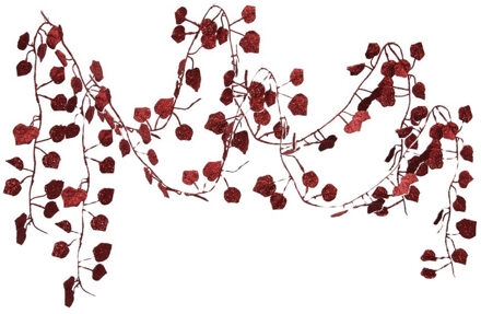 Othmar decorations Kerstboom slinger - 4x - met bladeren - rood - 200 cm - kunststof - kerstboomversiering