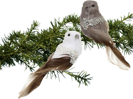 Othmar decorations Kerstboomversiering vogels op clip - 6x st - grijs/wit - 17 cm - kunststof
