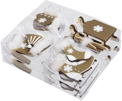Othmar decorations Kersthangers wintersport thema - 12x stuks - goud - hout - 5,5 cm