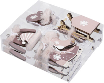 Othmar decorations Kersthangers wintersport thema - 12x stuks - lichtroze - hout - 5,5 cm