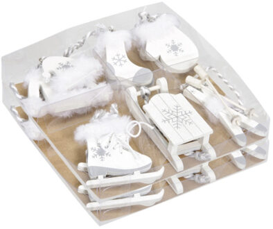 Othmar decorations Kersthangers wintersport thema - 12x stuks - wit - hout - 8 cm