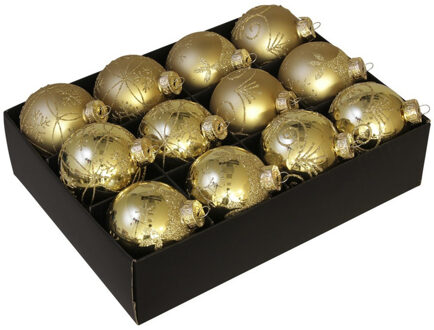 Othmar decorations Luxe kerstballen - gedecoreerd - 12x st - goud - D7,5 cm - glas - kerstversiering