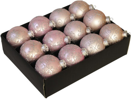 Othmar decorations Luxe kerstballen - gedecoreerd - 12x st - poeder roze - D7,5 cm - glas - kerstversiering Oudroze