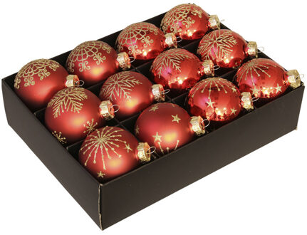 Othmar decorations Luxe kerstballen - gedecoreerd - 12x st - rood - D7,5 cm - glas - kerstversiering