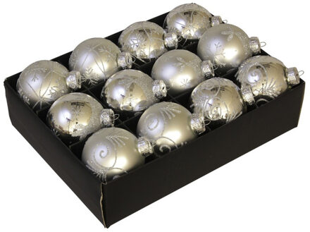 Othmar decorations Luxe kerstballen - gedecoreerd - 12x st - zilver - D7,5 cm - glas - kerstversiering
