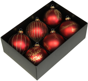 Othmar decorations luxe kerstballen - gedecoreerd - 6x - 8 cm - rood - Kerstbal