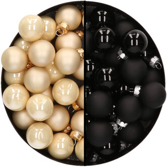 Othmar decorations Mini kerstballen - 48x st - champagne en zwart - 2,5 cm - glas - Kerstbal Champagnekleurig