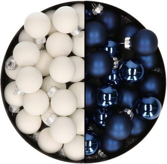 Othmar decorations Mini kerstballen - 48x st - donkerblauw en satijn wit - 2,5 cm - glas - Kerstbal