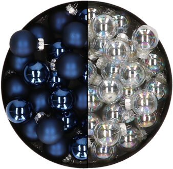 Othmar decorations Mini kerstballen - 48x st - donkerblauw en transparant parelmoer - 2,5 cm - glas