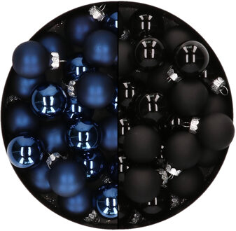 Othmar decorations Mini kerstballen - 48x st - donkerblauw en zwart - 2,5 cm - glas