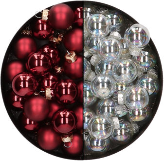 Othmar decorations Mini kerstballen - 48x st - transparant parelmoer en donkerrood - 2,5 cm - glas