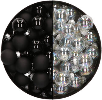 Othmar decorations Mini kerstballen - 48x st - transparant parelmoer en zwart - 2,5 cm - glas
