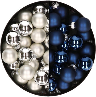 Othmar decorations Mini kerstballen - 48x st - zilver en donkerblauw - 2,5 cm - glas - Kerstbal Zilverkleurig