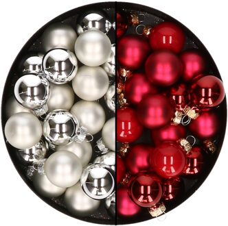 Othmar decorations Mini kerstballen - 48x st - zilver en rood - 2,5 cm - glas - Kerstbal Zilverkleurig