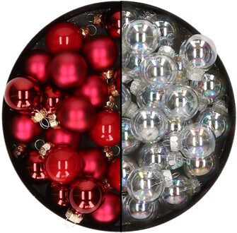 Othmar decorations Mini kerstballen - 48x- transparant parelmoer/rood - 2,5 cm - glas - Kerstbal