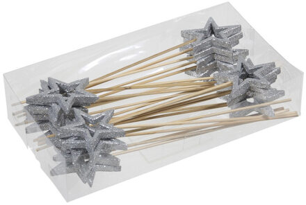 Othmar decorations Set van 24 zilveren sterren instekers 6 cm - Kerststukjes Zilverkleurig