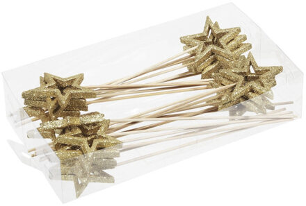 Othmar decorations Set van 24x gouden sterren instekers 6 cm - Kerststukjes Goudkleurig