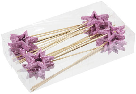 Othmar decorations Set van 24x roze sterren instekers 6 cm - Kerststukjes