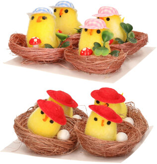 Othmar decorations Set van 8x Paaskuikentjes in mand - 4 cm - 2 varianten